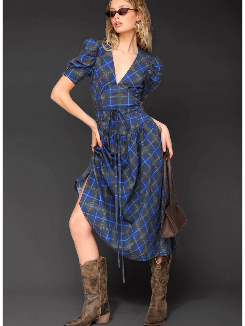 Avec Les Filles Blue Plaid High-Low Midi Dress
